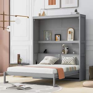 Gray Wood Frame Queen Size Murphy Bed, Wall Bed with Shelves, Folded into a Cabinet