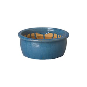 14 in. Dia Blue Ceramic Shallow Planter with Lip