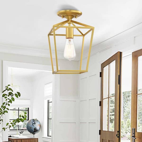 Wispfire 1-Light Indoor Copper Gold Modern Chandelier Lights with Caged Metal Shade, Semi Flush mount, E26 Lamp holder