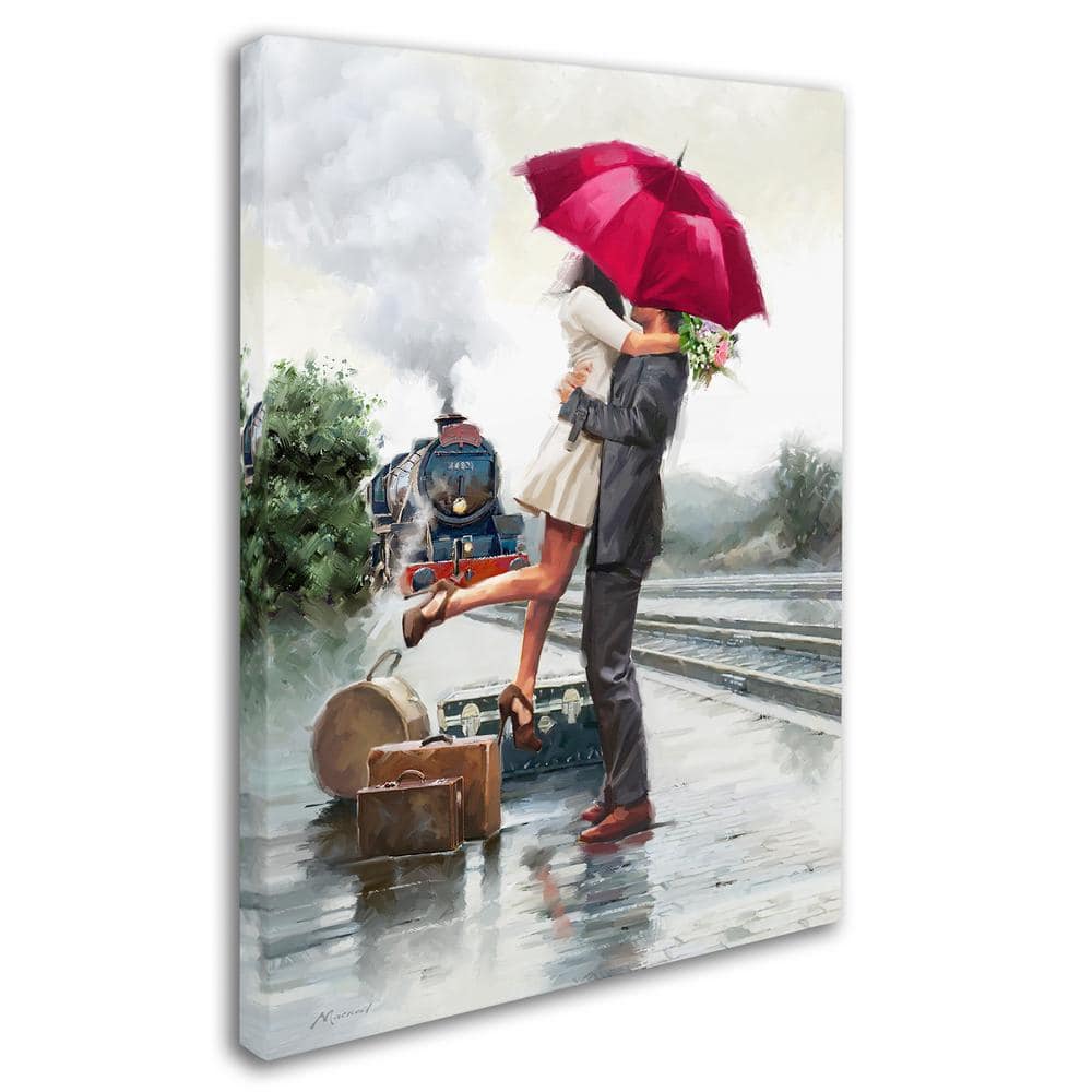 Couple Embracing at Train Station Canvas Painting