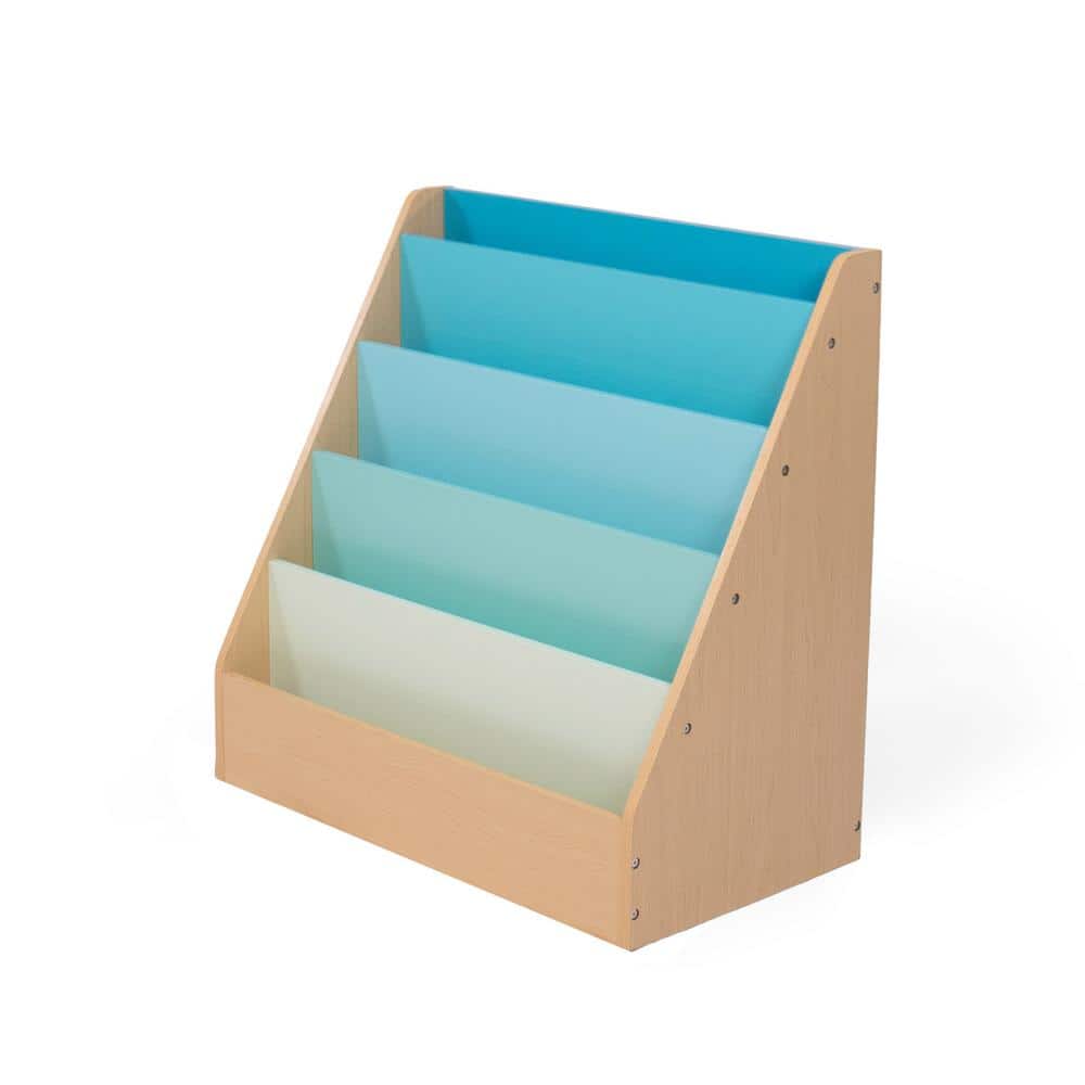 Natural Pine Kids' 5-Tier Wooden Bookcase with Blue Shelves