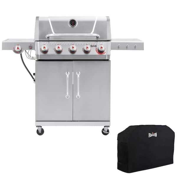 Outdoor Stainless Steel 5-Burner Propane Gas Grill with Sear Burner, Side Burner and Cover, Porcelain-Enameled Main Body