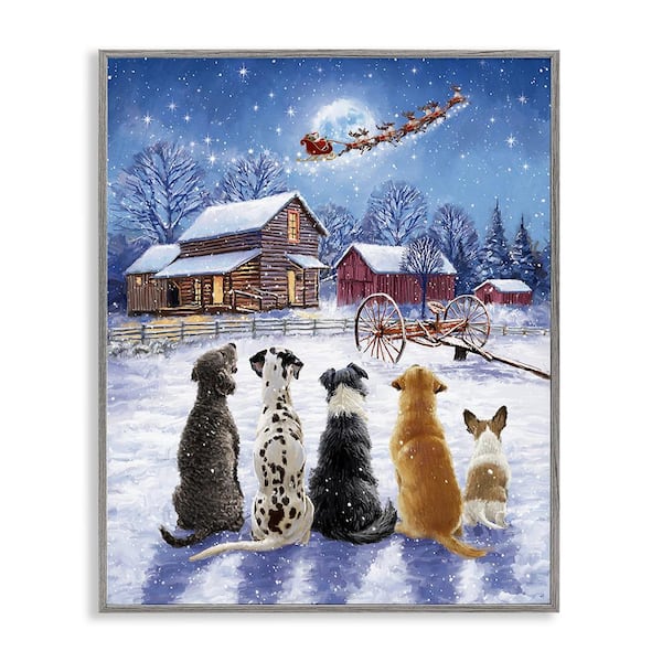 Stupell Industries Snowy Farm Dogs by Ian Saxton 1 Piece Framed Graphic Print Animal Poster Art Print 30 in. x 24 in.