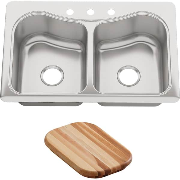 KOHLER Staccato Drop-In Stainless Steel 33 in. 3-Hole Double Bowl Kitchen Sink with Hardwood Cutting Board