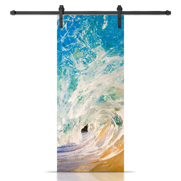 CALHOME 30 in. x 80 in. Artisan Print Series Ocean Wave MDF Modern Interior Sliding Barn Door with Hardware Kit