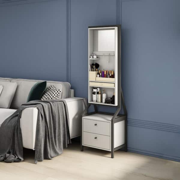 White MDF 360° Swivel Jewelry Armoire and Makeup Mirror Cabinet With 2 Bottom Drawer, Rotates Freely