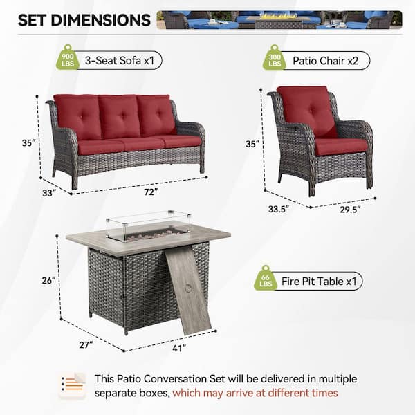 4-Piece Gray Wicker Fire Pit Conversation Set with Olefin Red Cushions and Curved Arm Lounge Chairs and Couch