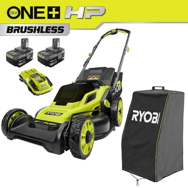 ONE+ HP 18V Brushless 16 in. Cordless Walk Behind Push Mower w/ UV Resistant Cover, (2) 4.0 Ah Batteries & (1) Charger