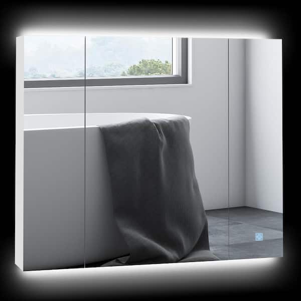 WELLFOR 35.5 in. W x 6 in. D x 29.5 in. H Bathroom Storage Wall Cabinet with Three Glass Doors in White