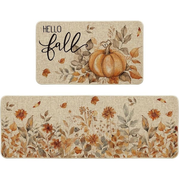 Beige Pumpkin Sunflowers Indoor Kitchen Mats Set of 2 (17 in. x 29 in. + 17 in. x 47 in. )