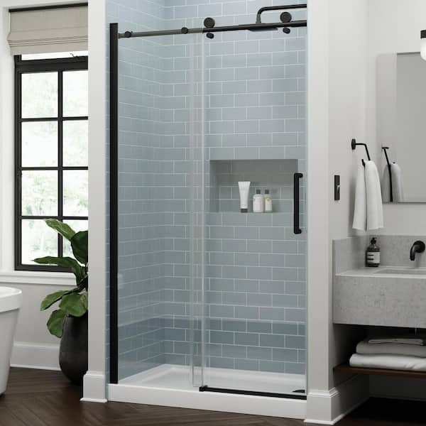 Delta Exuma 48 in. W x 76 in. H Frameless Sliding Shower Door in Matte Black with 3/8 in. (10mm) Tempered Clear Glass