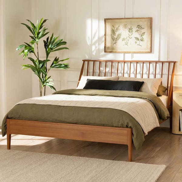 Bohemian Brown Solid Bamboo Wood Frame Queen Size Platform Bed with 46.5 in. Tall Spindle Headboard