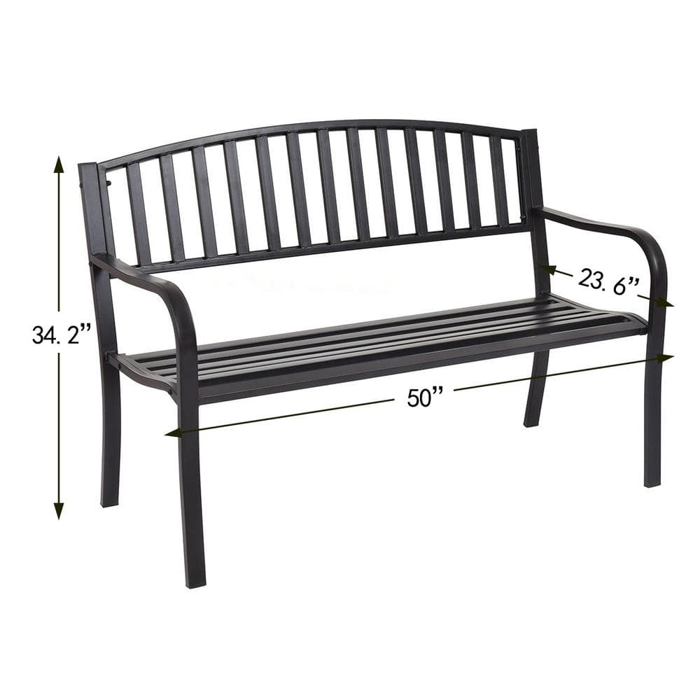 Black Cast Iron Outdoor Garden Bench with Slatted Backrest