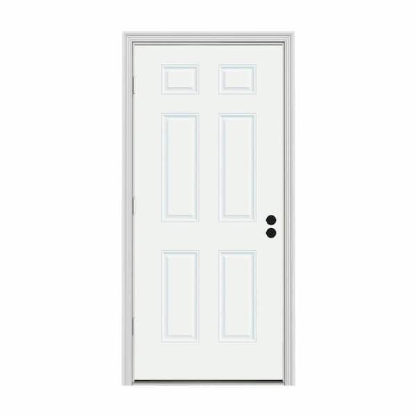 JELD-WEN 36 in. x 80 in. 6-Panel White Painted Steel Prehung Right-Hand Outswing Front Door w/Brickmould