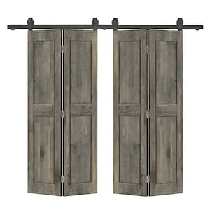 60 in. x 80 in. 2-Panel Shaker Hollow Core Weather Gray Pine Wood Double Bi-fold Door with Barn Door Hardware Kit