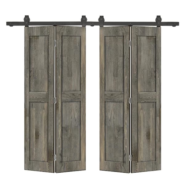 CALHOME 60 in. x 80 in. 2-Panel Shaker Hollow Core Weather Gray Pine Wood Double Bi-fold Door with Barn Door Hardware Kit