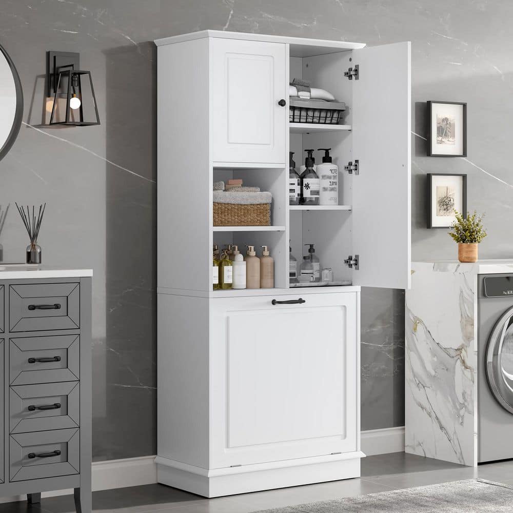 Bezeit 30 in. W x 14.2 in. D x 67.7 in. H White Freestanding Linen Cabinet with Flip-Out Basket and Enclosed Cabinets BC3107-WH-SL