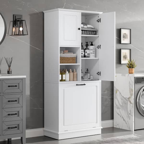 30 in. W x 14.2 in. D x 67.7 in. H White Freestanding Linen Cabinet with Flip-Out Basket and Enclosed Cabinets
