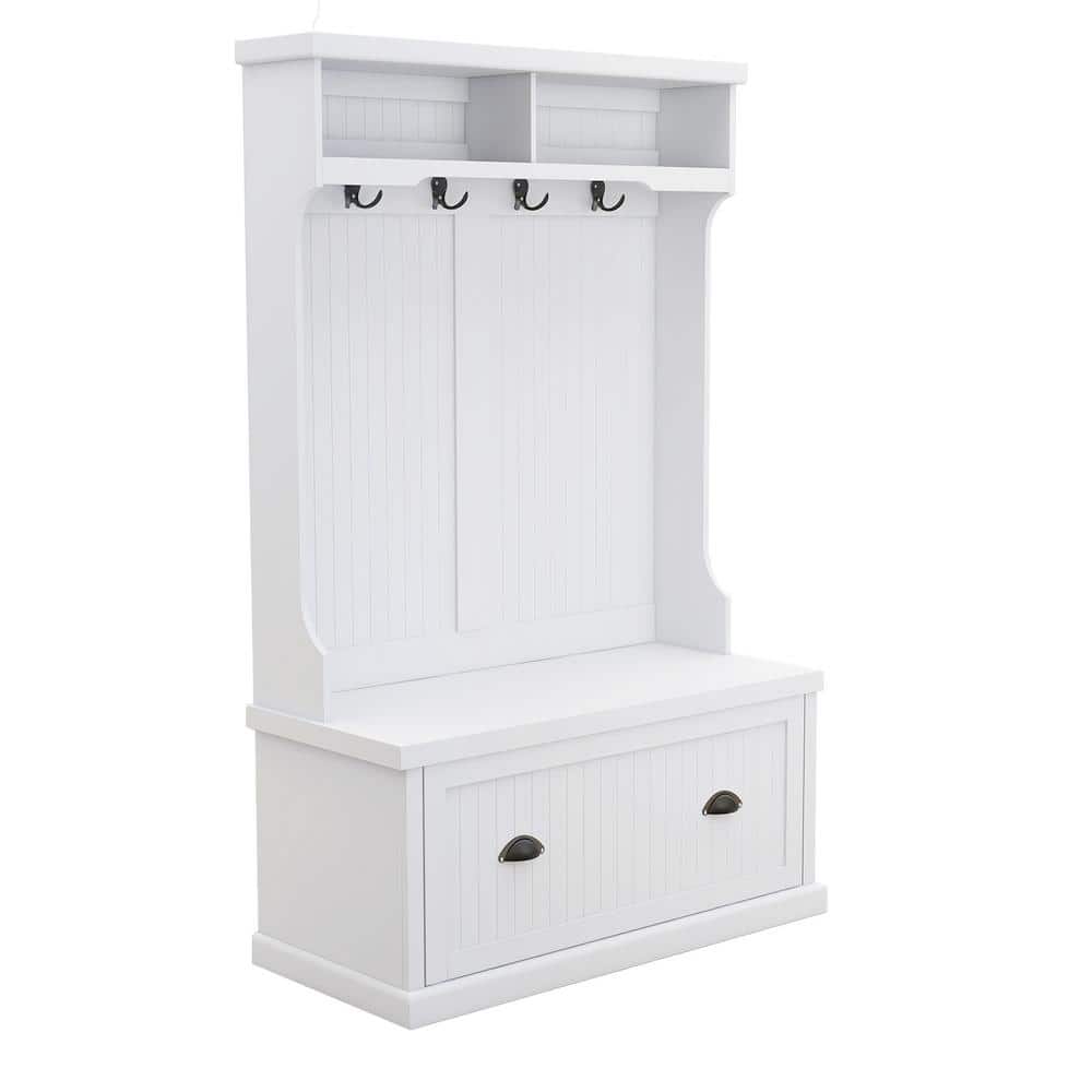 White Wood Hall Tree with Storage Bench and Hooks