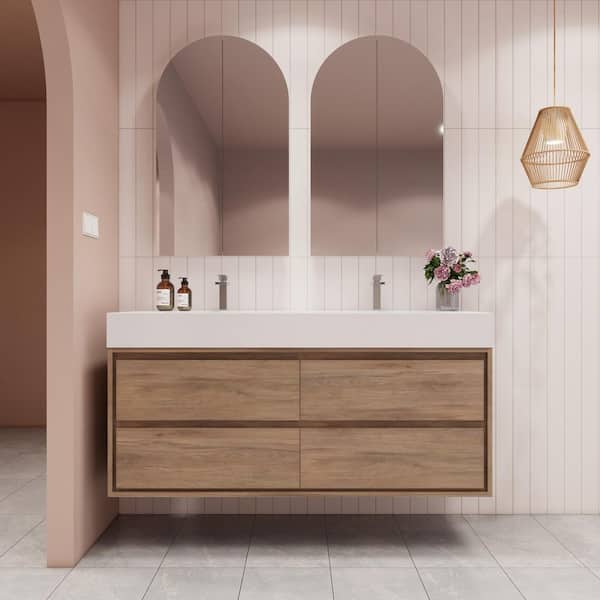 BV Better Vanity Saggie 59 in. W. x 20 in. D x 28 in. H Double Sink Floating Bath Vanity in White Oak with White Acrylic Top
