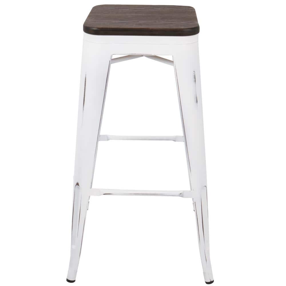 Vintage White & Espresso Industrial 30" Backless Stool with Footrest