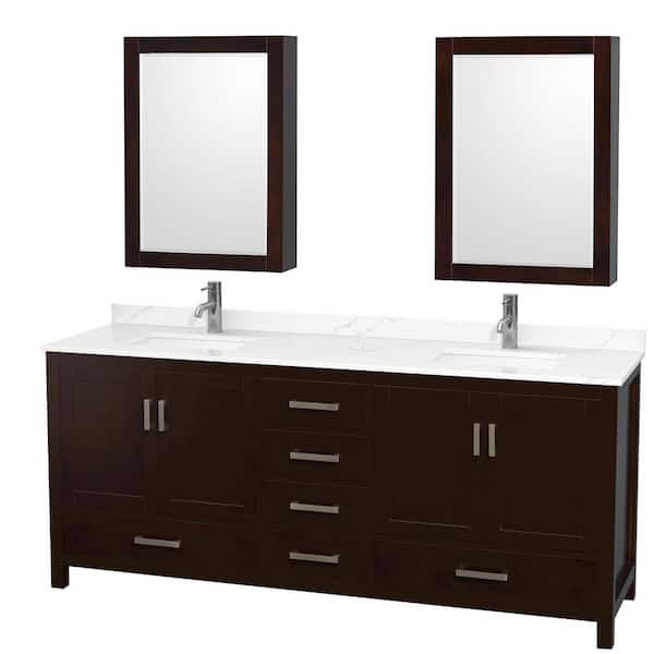 Wyndham Collection Sheffield 80 in. W x 22 in. D x 35 in. H Double Bath Vanity in Espresso with Giotto Quartz Top and Mirror