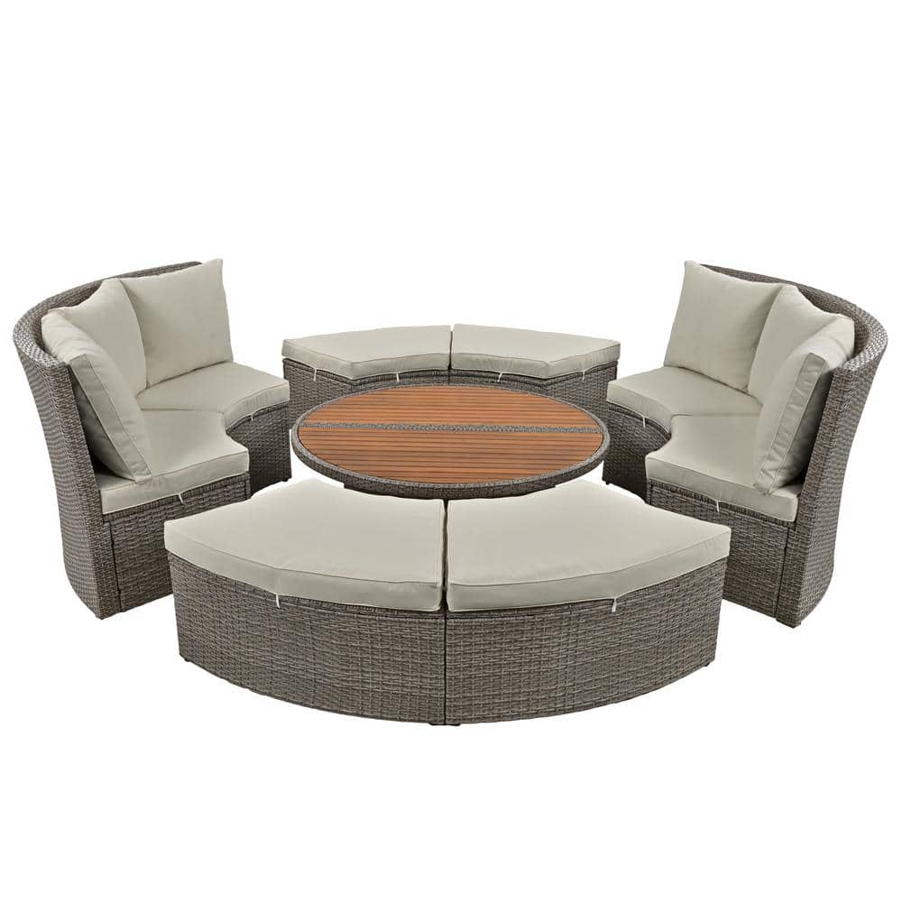 5-Piece Patio Wicker Outdoor Round Rattan Sectional Sofa Set All-Weather PE with Round Liftable Table and Gray Cushions