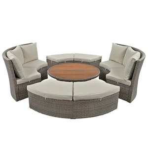 5-Piece Patio Wicker Outdoor Round Rattan Sectional Sofa Set All-Weather PE with Round Liftable Table and Gray Cushions