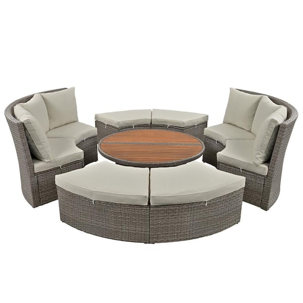Unbranded 5-Piece Patio Wicker Outdoor Round Rattan Sectional Sofa Set All-Weather PE with Round Liftable Table and Gray Cushions