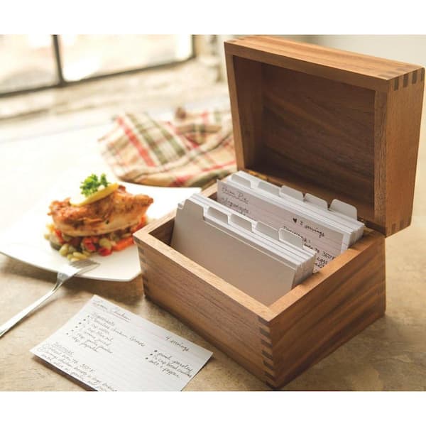 Adrinfly Acacia Wood Recipe Holder Box Dark wood with Divider Tabs, 2-Compartment, Single