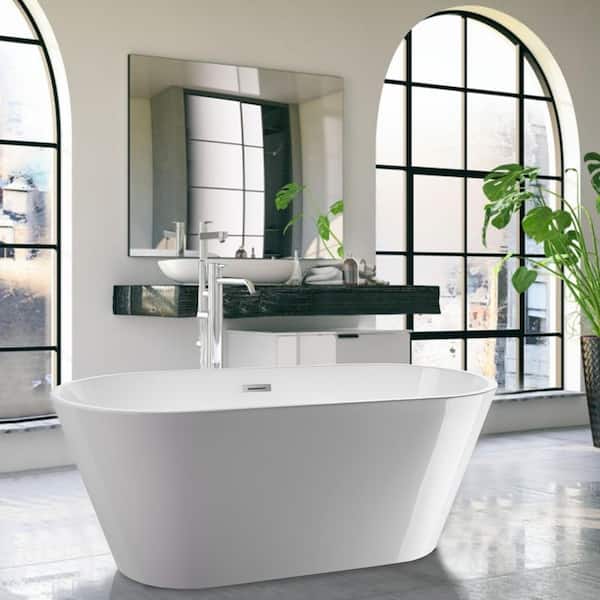 Vanity Art Domme 54 in. Acrylic Flatbottom Freestanding Non-Slip Bathtub in White/Polished Chrome