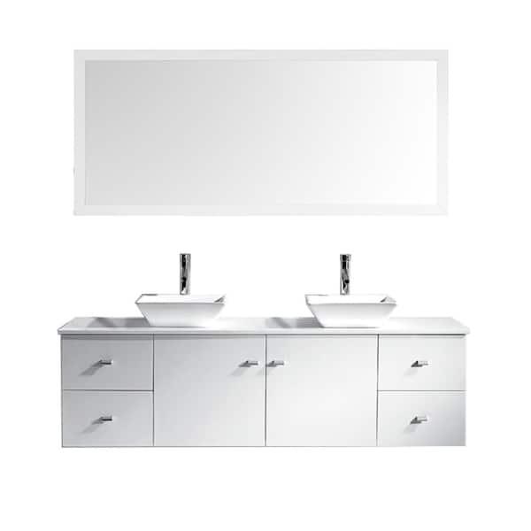 Virtu USA Clarissa 72 in. W Bath Vanity in White with Stone Vanity Top in White with Square Basin and Mirror