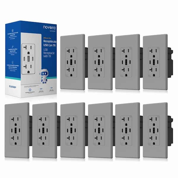 30W 6.0 Amp 3-Port USB Wall Outlet, 20A Duplex Receptacle with Dual Type C & A Ports, w/Wall Plate, Matte Grey
