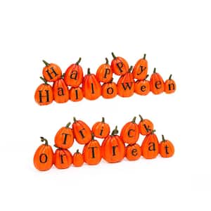 13.7 in. Resin Long Pumpkins Perched Askew Spelling Out Halloween Messages (Set of 2)
