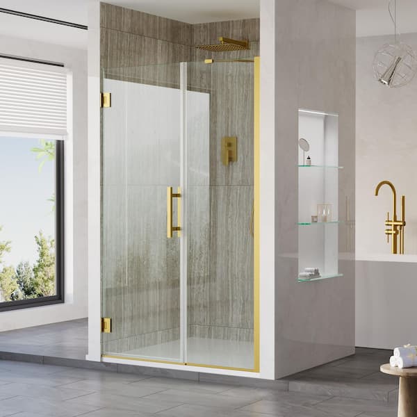 UNIFIT 44-45 in. W x 72 in. H Hinged Frameless Shower Door in Brushed Gold with 3/8 in. SGCC Clear Tempered Glass