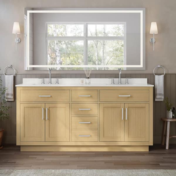 Beckett TK 72 in. Double Freestanding Rift Oak with Brushed Nickel Trim Bath Vanity with White Quartz Top