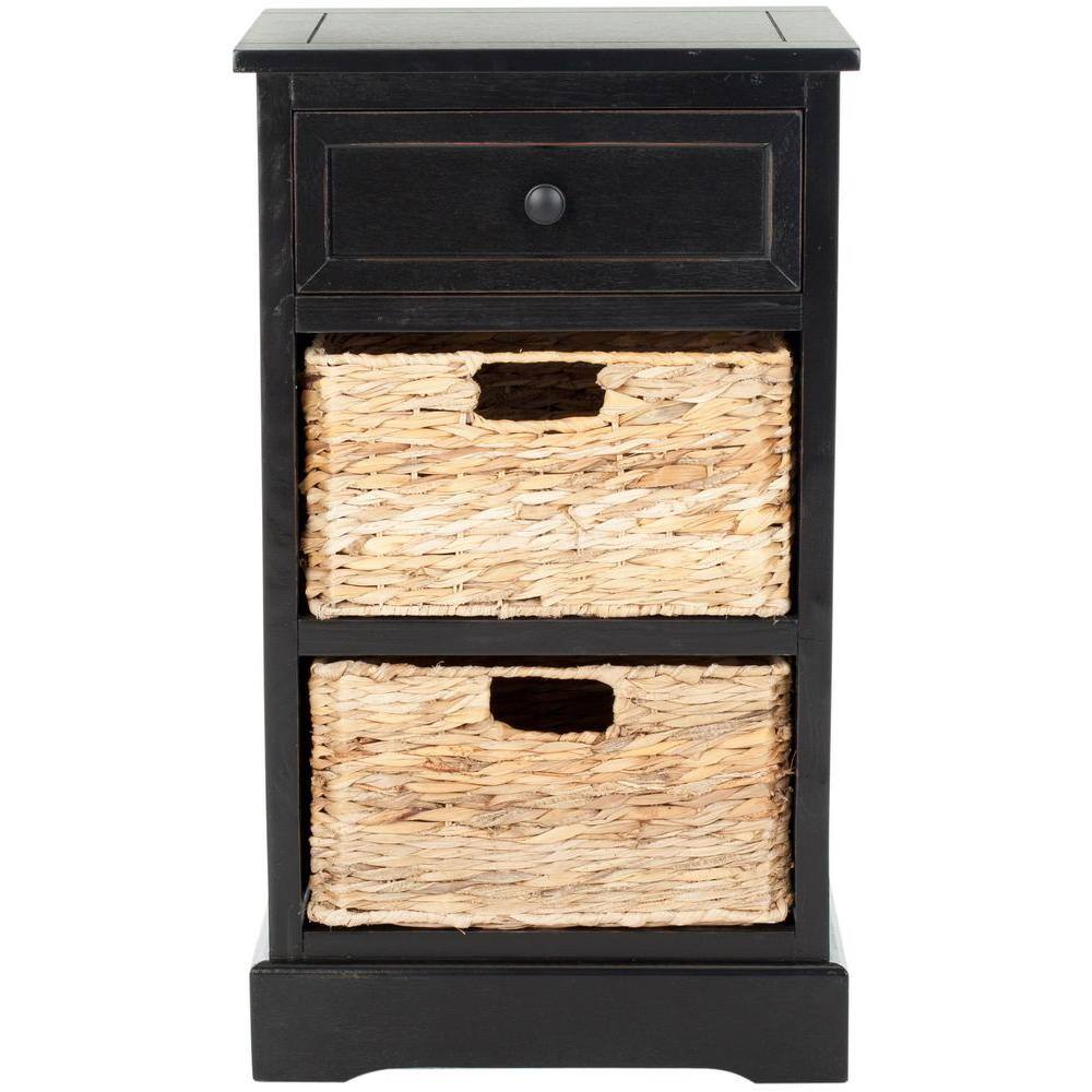 Distressed Black Pine Side Table with Wicker Storage
