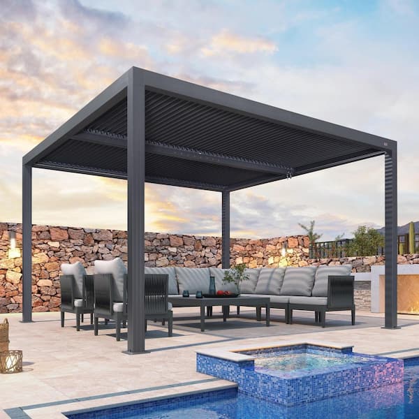 PURPLE LEAF 12 ft. x 12 ft. Gray Aluminum Frame Outdoor Hardtop Louvered Pergola with Adjustable Sunshade Roof and In-Built Gutter