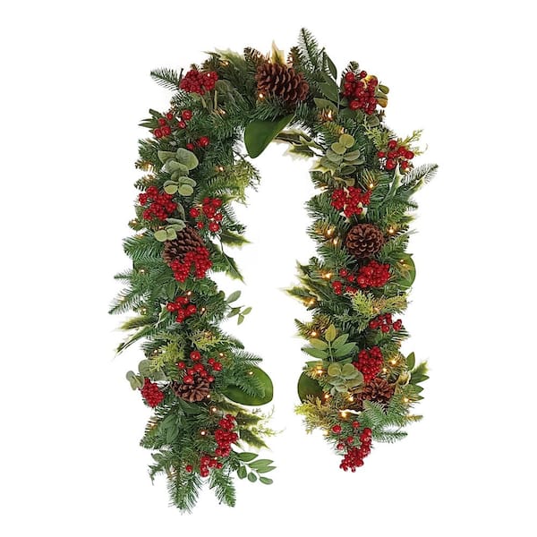 Puleo International 6 ft. Green Battery-Operated Prelit Decorated Artificial Christmas Garland with Pine Cones and Red Berries
