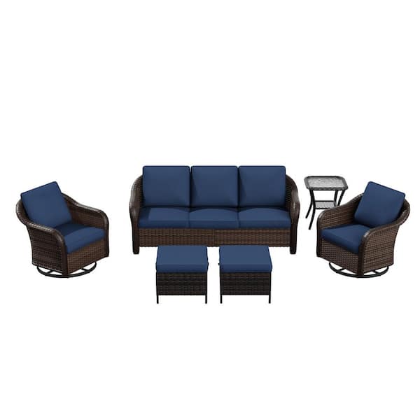 6-Piece Dark Brown Wicker Patio Conversation Set Outdoor Sofa Set with Swivel Rocking Chairs and Blue Cushions