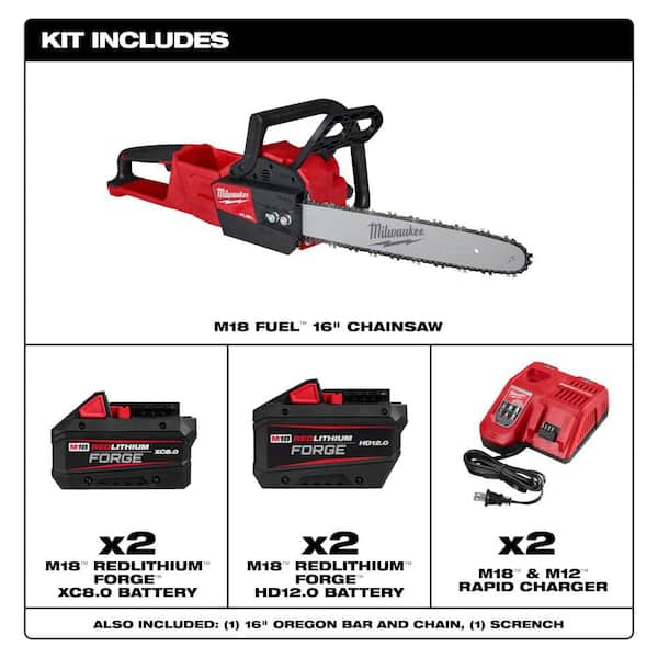 M18 FUEL 16 in. 18V Brushless Cordless Battery Powered Chainsaw w/ (2) 12.0 Ah & (2) 8.0 Ah FORGE Battery, (2) Charger