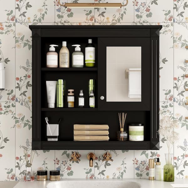 32 in. W x 28.7 in. H Black Rectangular Medicine Cabinet with Mirror and 4-Shelves