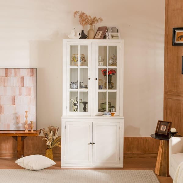 White 75.25 in. Accent Cabinet, Pantry Cabinet with Glass Doors, Lattice Windows