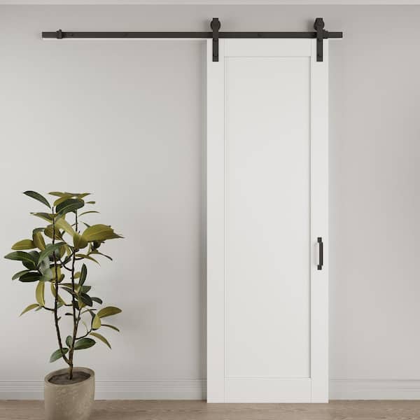 32 in. x 96 in. White Primed Paneled DIY Painting MDF Composite Sliding Barn Door with Hardware Kit