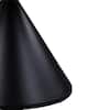 Close-up of the matte black metal cone-shaped pedestal base of a dining table.