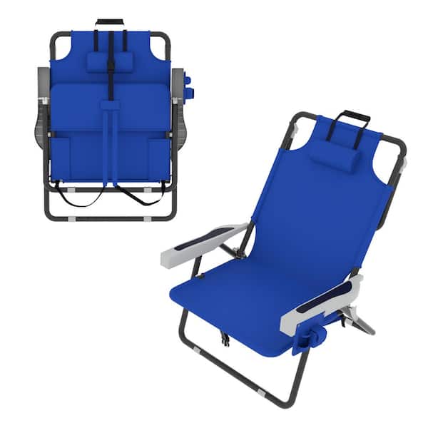 VEIKOUS Folding Portable Metal Backpack Beach Chair with Removable Pillow and 5-Position Adjustable Backrest in Blue