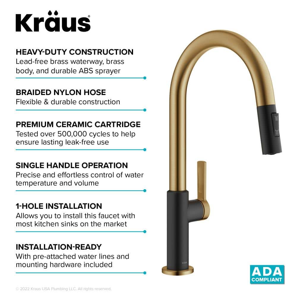 Brushed Brass and Matte Black Pull-Down Kitchen Faucet with Spray