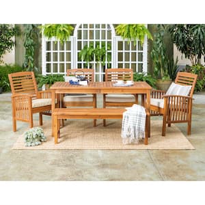 6-Piece Brown Classic Traditional Contemporary Acacia Wood Simple Patio Outdoor Dining Set with White Cushion