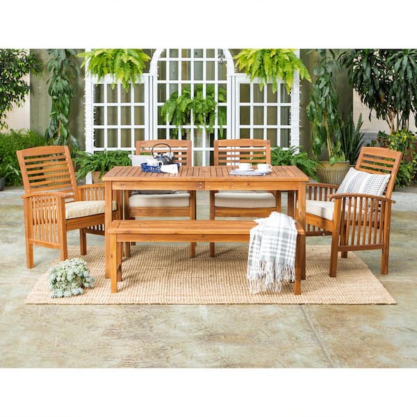 Walker Edison Furniture Company 6 Piece Brown Outdoor Classic Traditional Contemporary Acacia Wood Simple Patio Dining Set With White Cushion Hdw6sdtbr - Walker Edison 6 Piece Patio Set