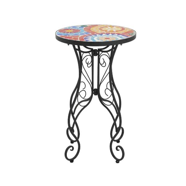 BOPOREA MEGO LLC Round Ceramic Outdoor Side Table-Weather-Resistant Metal Frame and Vibrant Tile Top for Patio, Garden, and Indoor Spaces